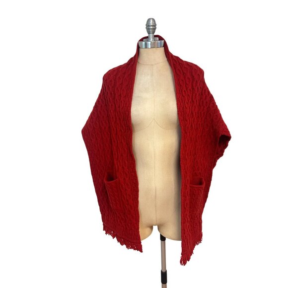 Stauer Cape Shawl Merino Wool Red NWOT Fringe Hem Pockets One size - Picture 1 of 5
